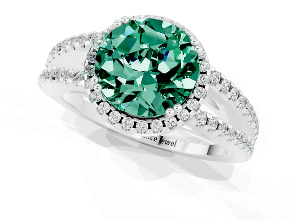 Platinum Round Cut Green Sapphire Halo Split Shank Engagement Ring