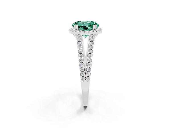 Platinum Round Cut Green Sapphire Halo Split Shank Engagement Ring