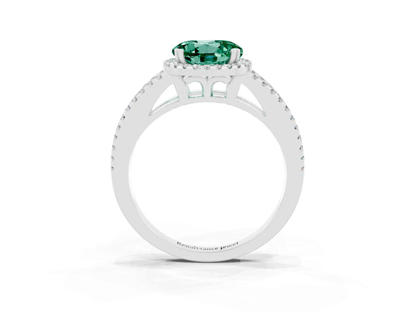 Platinum Round Cut Green Sapphire Halo Split Shank Engagement Ring