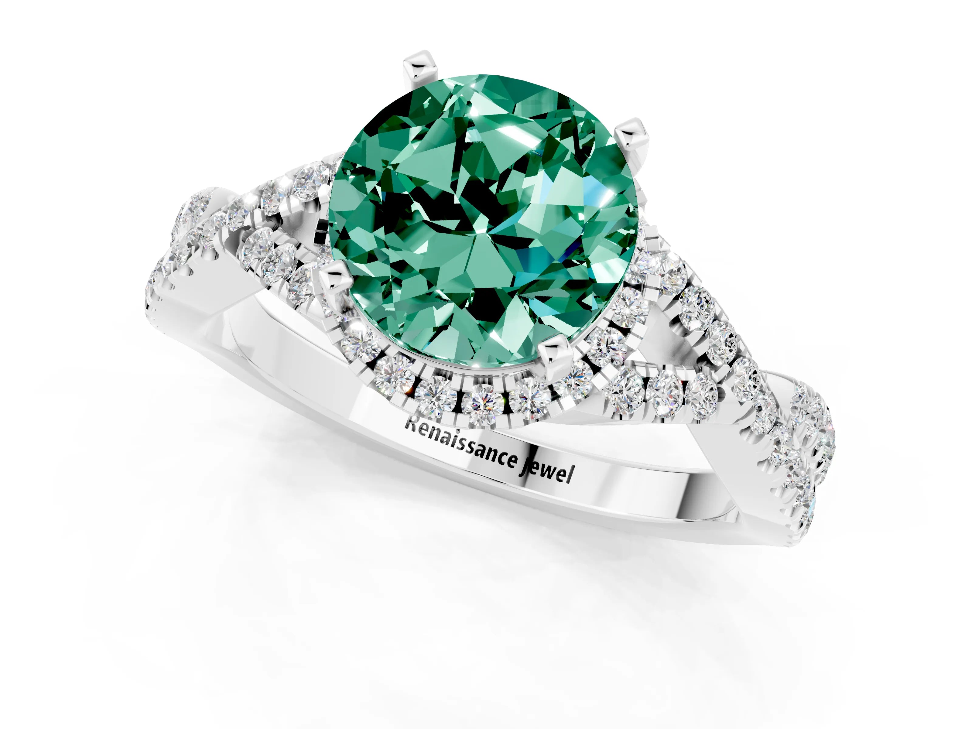 White gold Round Cut Green Sapphire Halo Twist Band Solitaire Prong Setting Ring_1