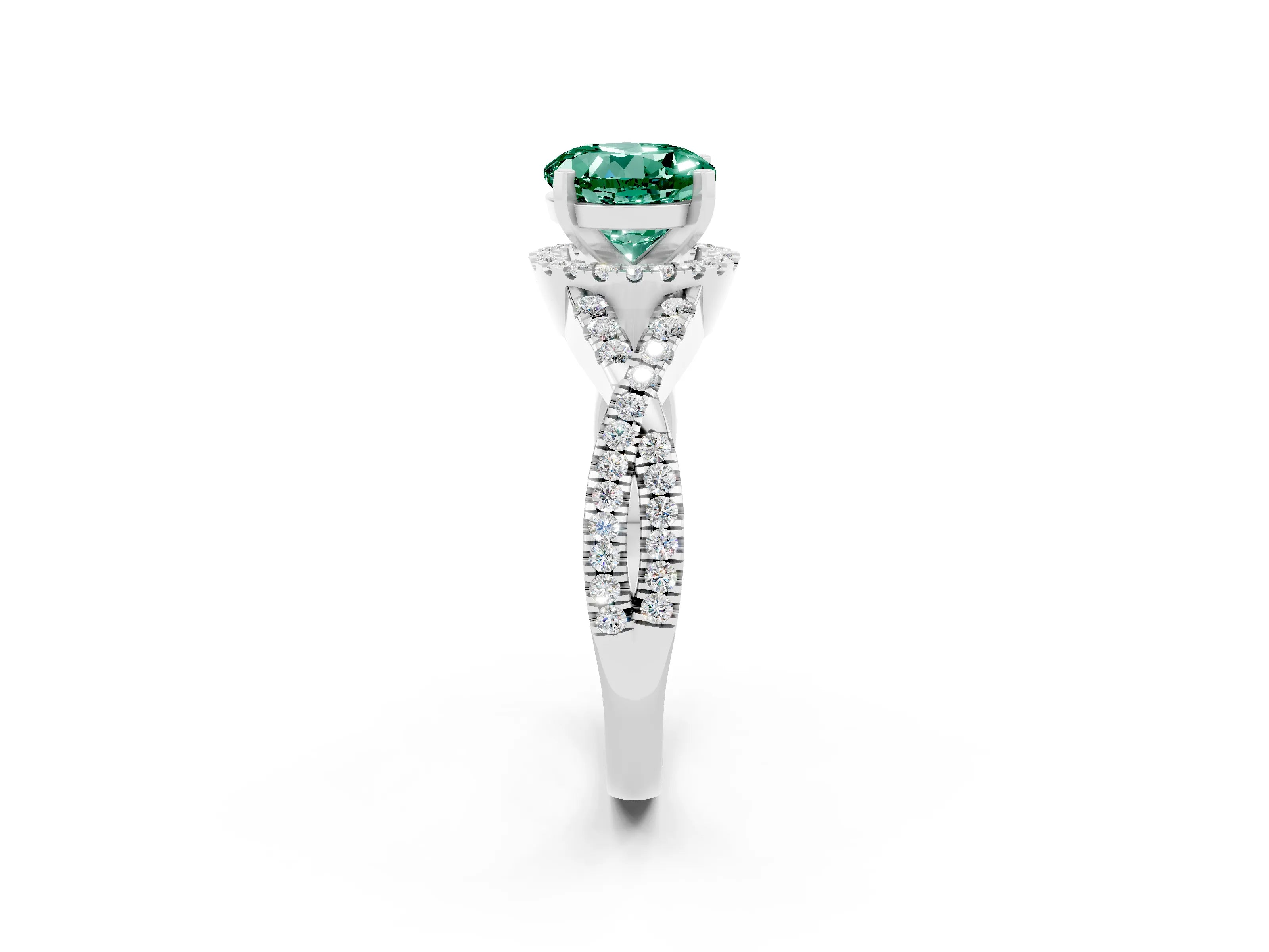 White gold Round Cut Green Sapphire Halo Twist Band Solitaire Prong Setting Ring_2