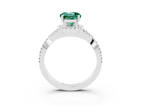 Platinum Round Cut Green Sapphire  Halo Twist Band Solitaire Prong Setting Ring