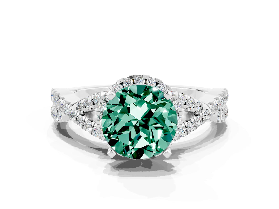White gold Round Cut Green Sapphire  Halo Twist Band Solitaire Prong Setting Ring_54