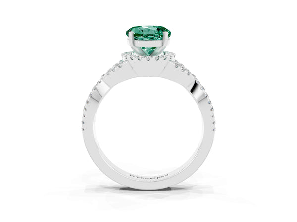 White gold Round Cut Green Sapphire  Halo Twist Band Solitaire Prong Setting Ring