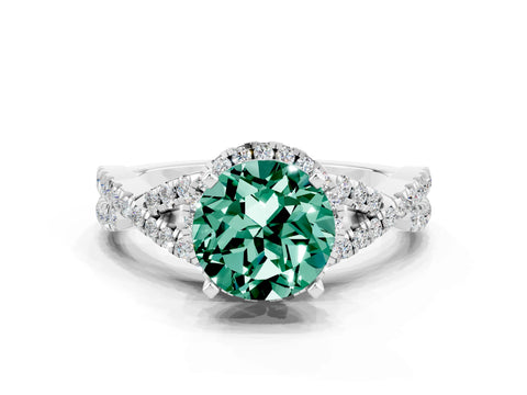 White gold Round Cut Green Sapphire Halo Twist Band Solitaire Prong Setting Ring