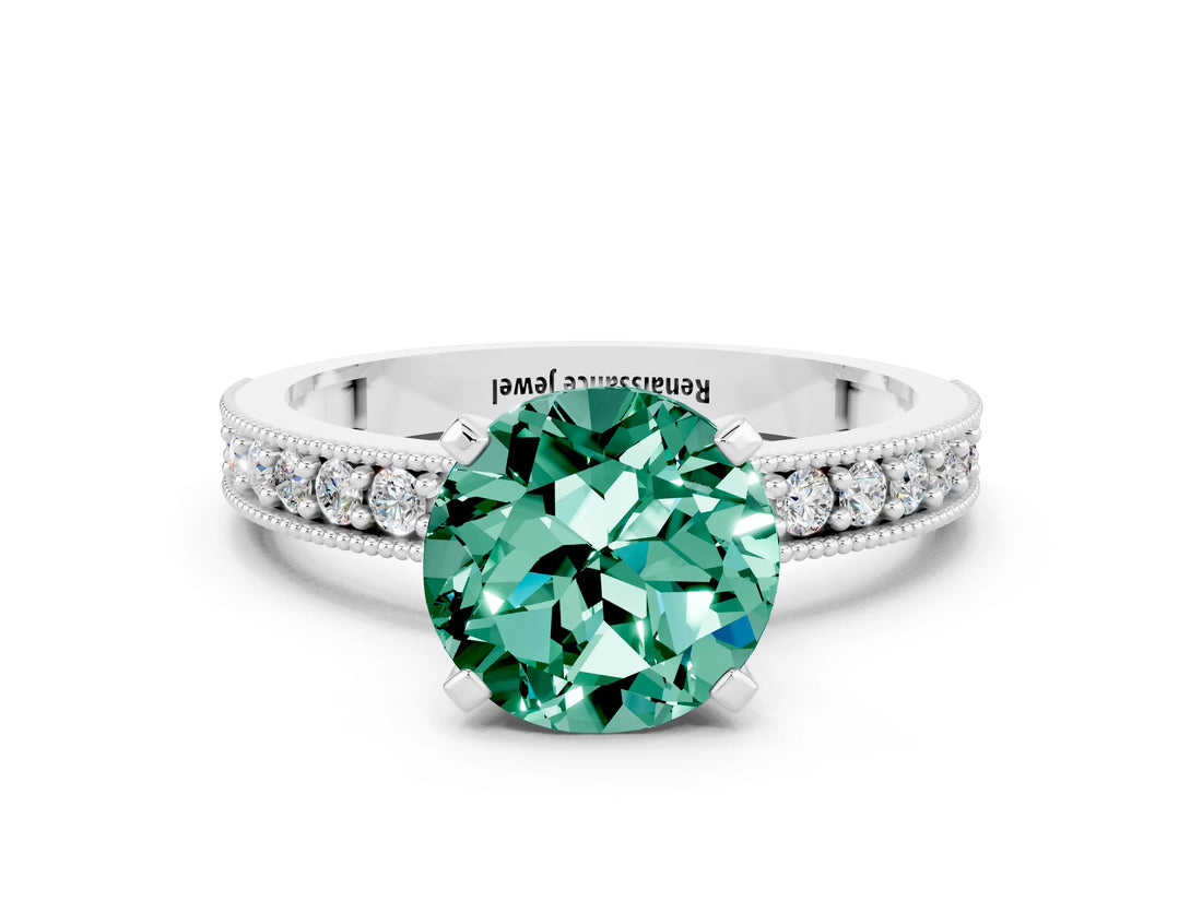 White gold Round Cut Green Sapphire Milgrain Pavé Engagement Ring with Four-Prong Setting