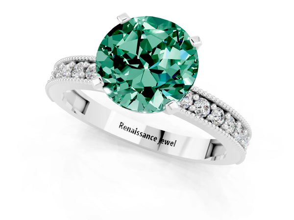 White gold Round Cut Green Sapphire Milgrain Pavé Engagement Ring with Four-Prong Setting