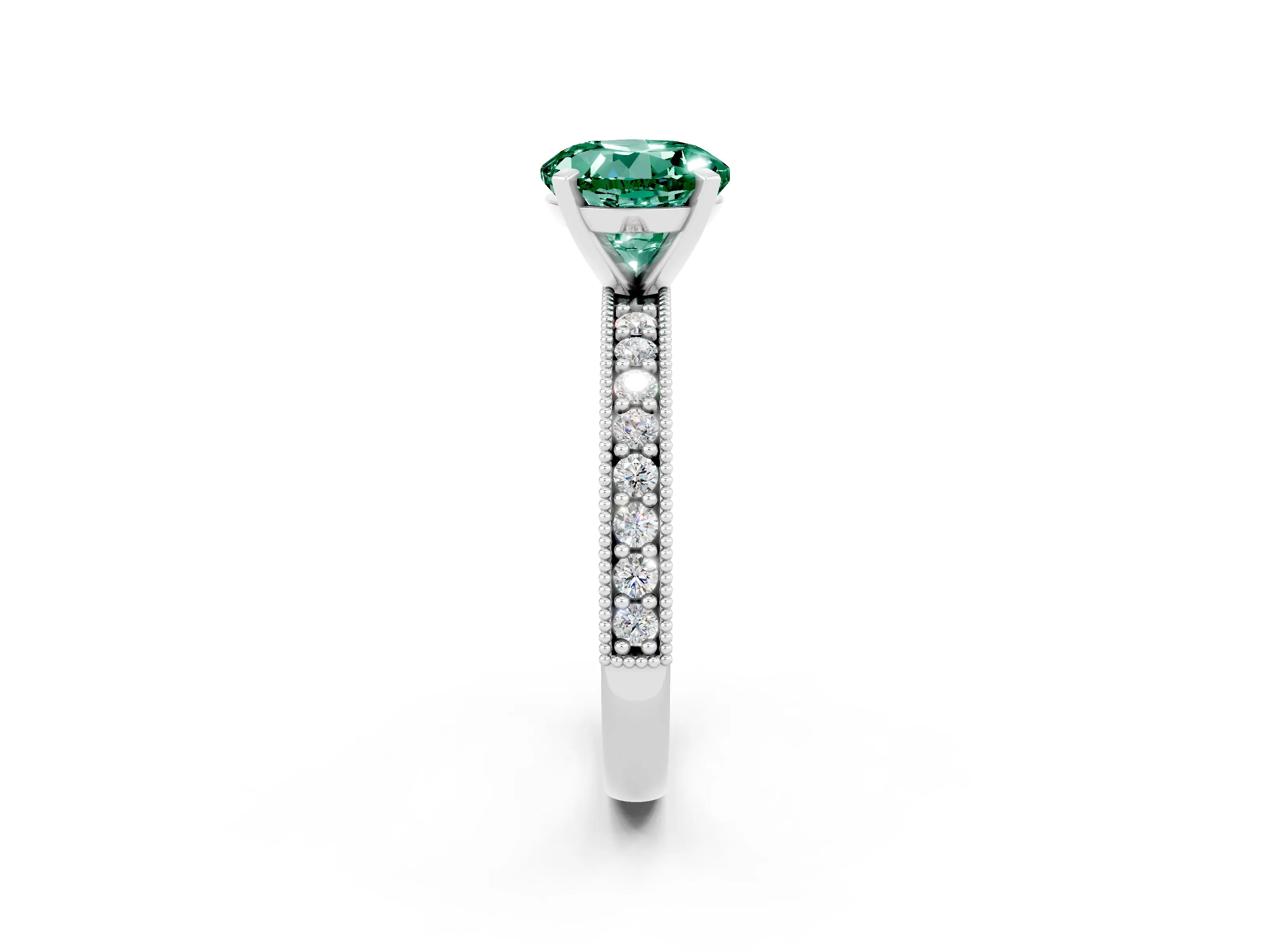 White gold Round Cut Green Sapphire Milgrain Pavé Engagement Ring with Four-Prong Setting_2