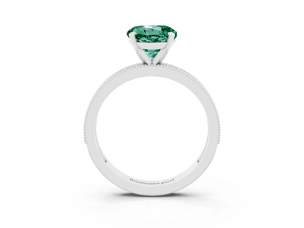 Platinum Round Cut Green Sapphire Milgrain Pavé Engagement Ring with Four-Prong Setting