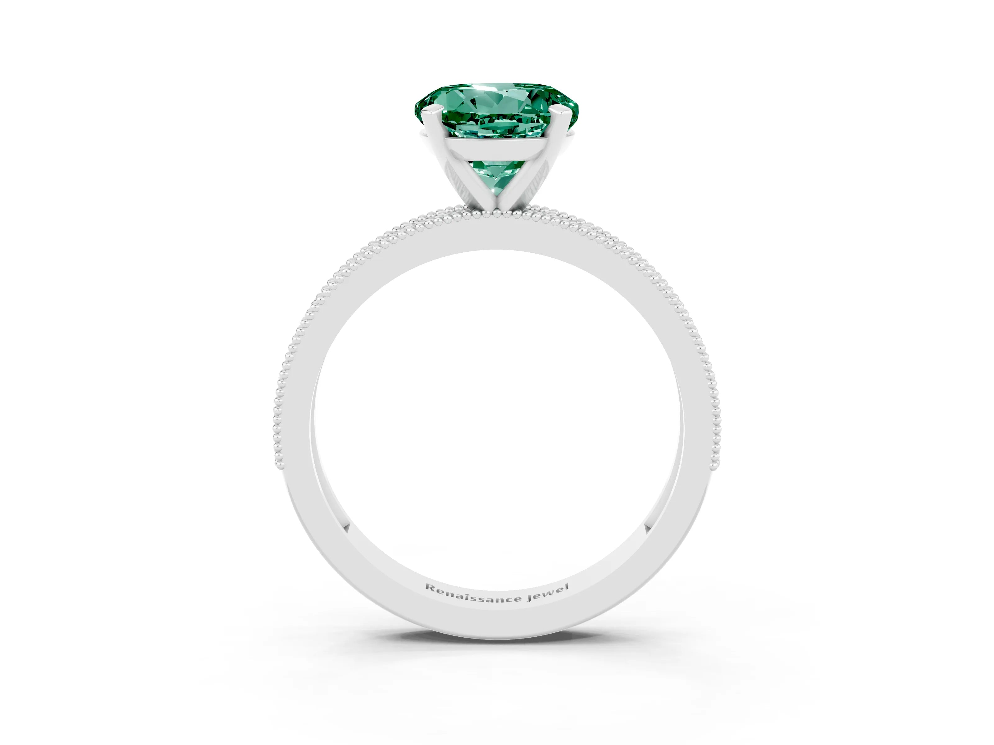 White gold Round Cut Green Sapphire Milgrain Pavé Engagement Ring with Four-Prong Setting_3