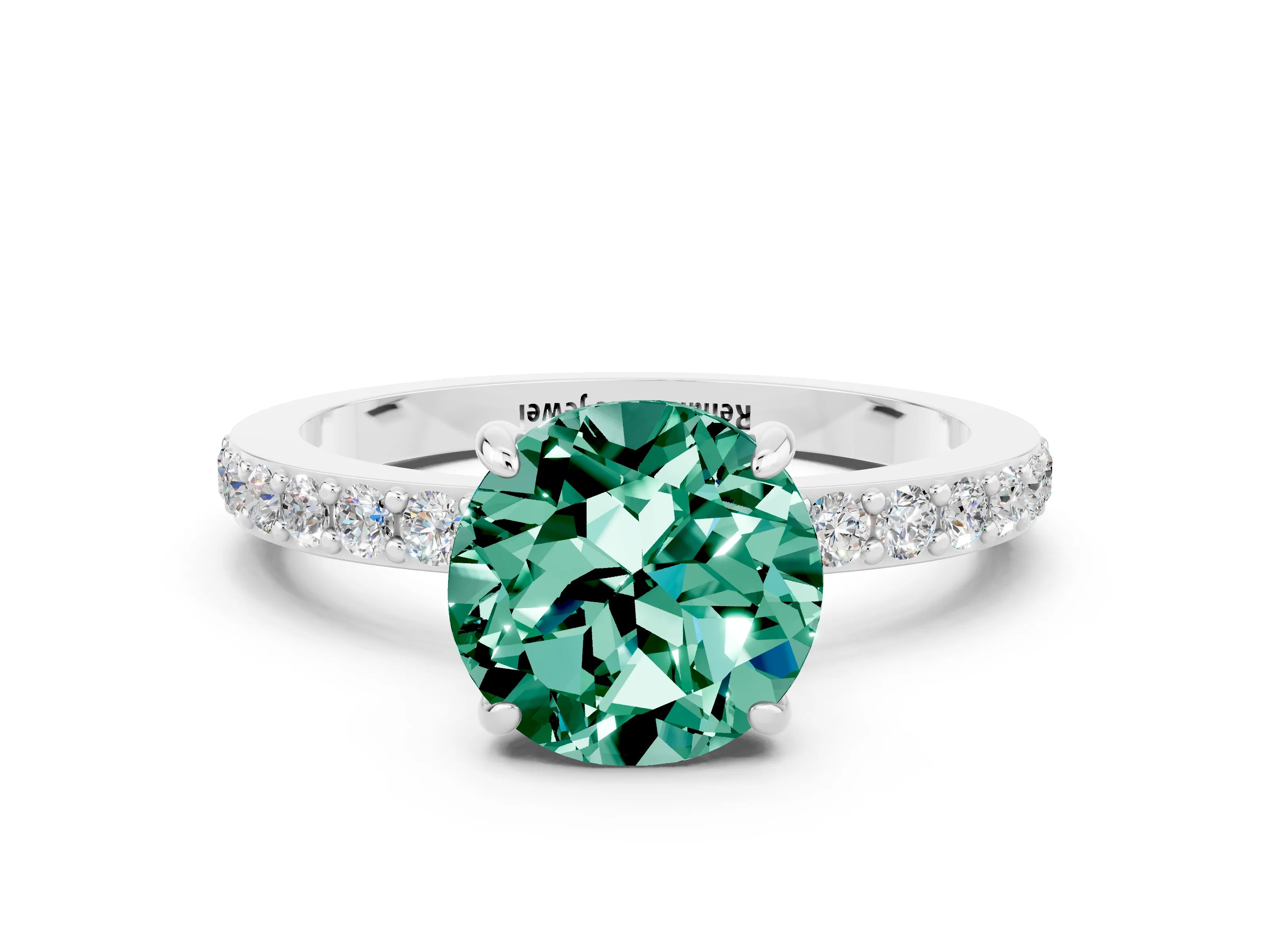 White gold Round Cut Green Sapphire Pavé Engagement Ring with Round  Accents and Prong Setting_24