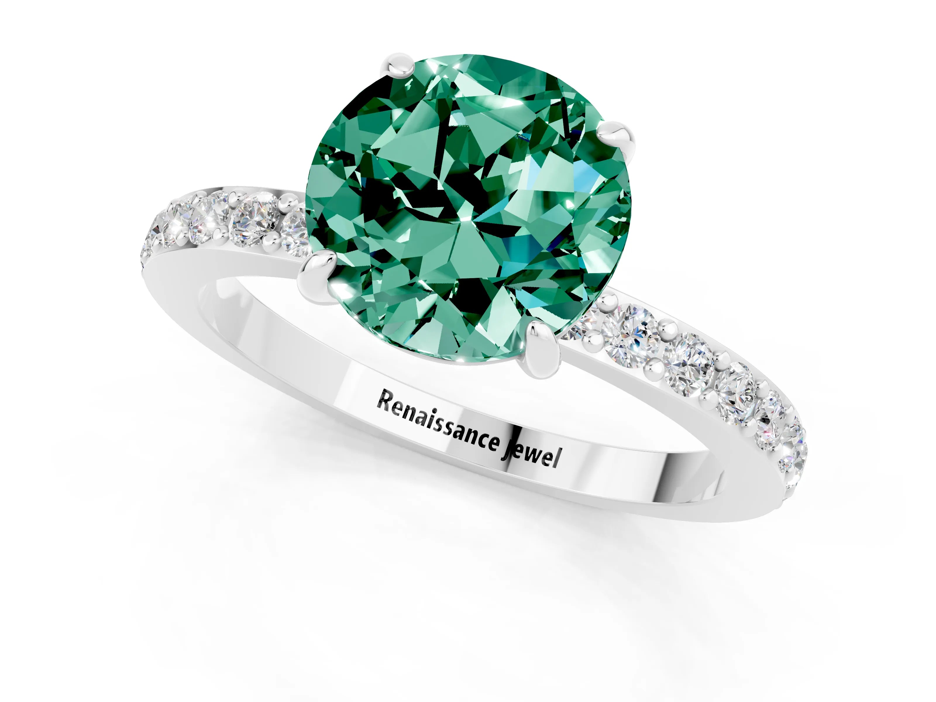 White gold Round Cut Green Sapphire Pavé Engagement Ring with Round  Accents and Prong Setting_25