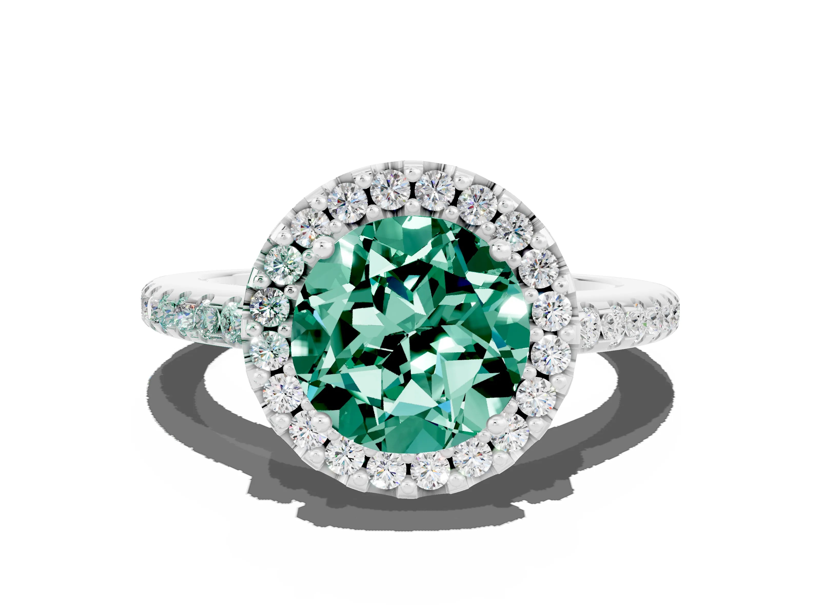 White gold Round Cut Green Sapphire Pavé Halo Ring with Four-Prong Setting_12