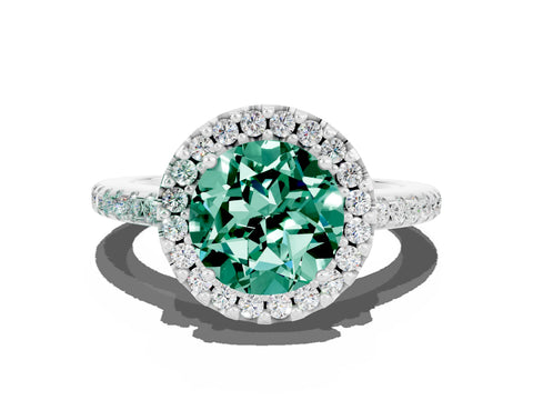 White gold Round Cut Green Sapphire Pavé Halo Ring with Four-Prong Setting_12