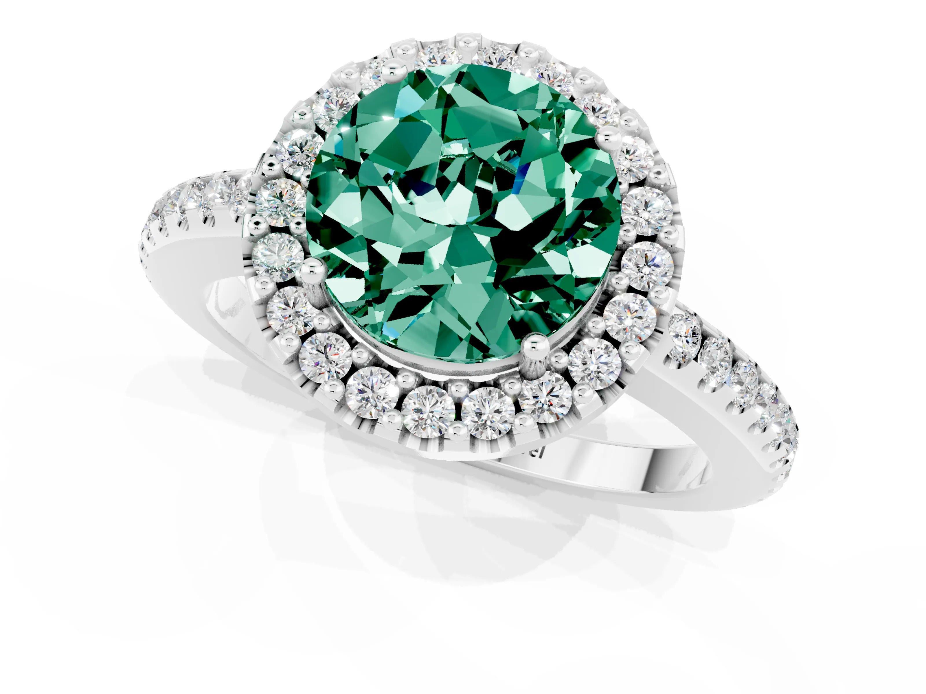 White gold Round Cut Green Sapphire Pavé Halo Ring with Four-Prong Setting_13