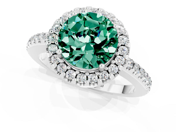 Silver Round Cut Green Sapphire Pavé Halo Ring with Four-Prong Setting