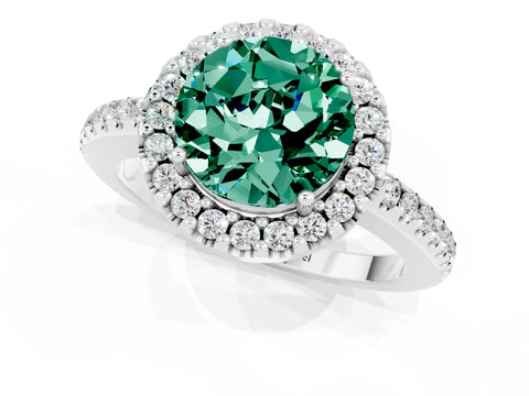 White gold Round Cut Green Sapphire Pavé Halo Ring with Four-Prong Setting_13