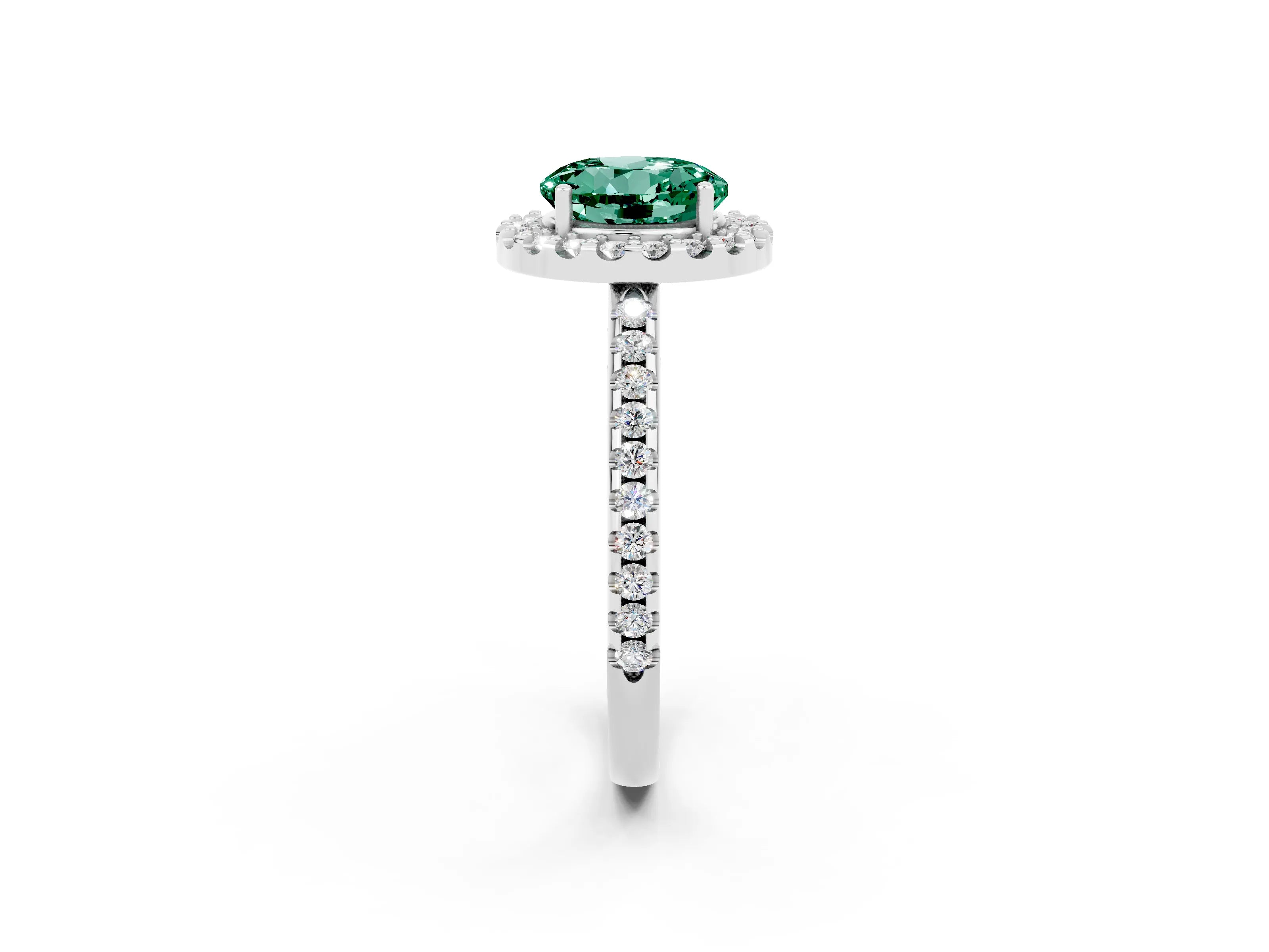 White gold Round Cut Green Sapphire Pavé Halo Ring with Four-Prong Setting_14