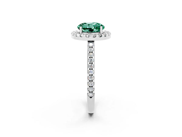 White gold Round Cut Green Sapphire Pavé Halo Ring with Four-Prong Setting
