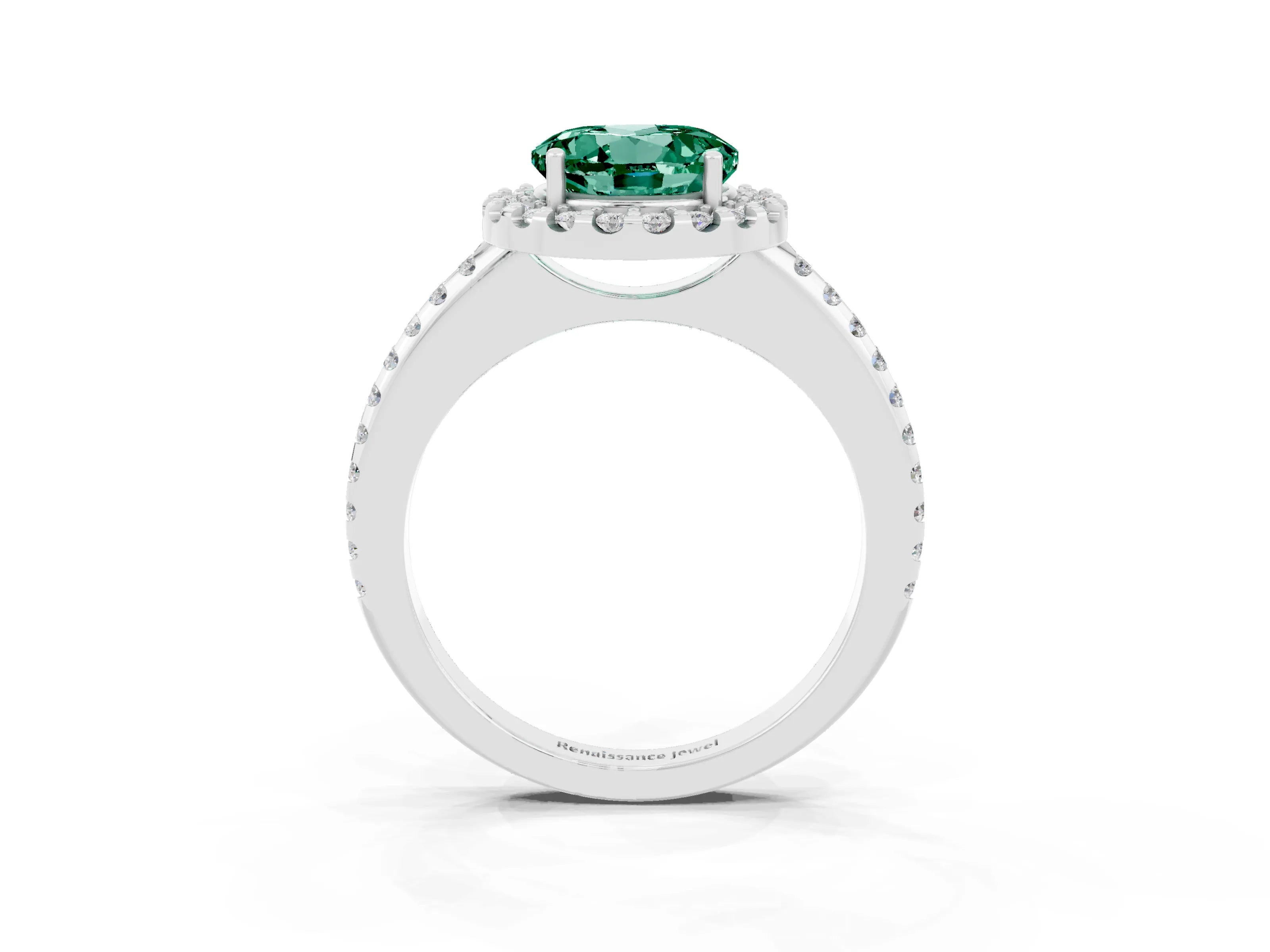 White gold Round Cut Green Sapphire Pavé Halo Ring with Four-Prong Setting_15