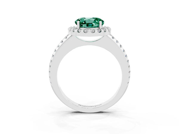 White gold Round Cut Green Sapphire Pavé Halo Ring with Four-Prong Setting