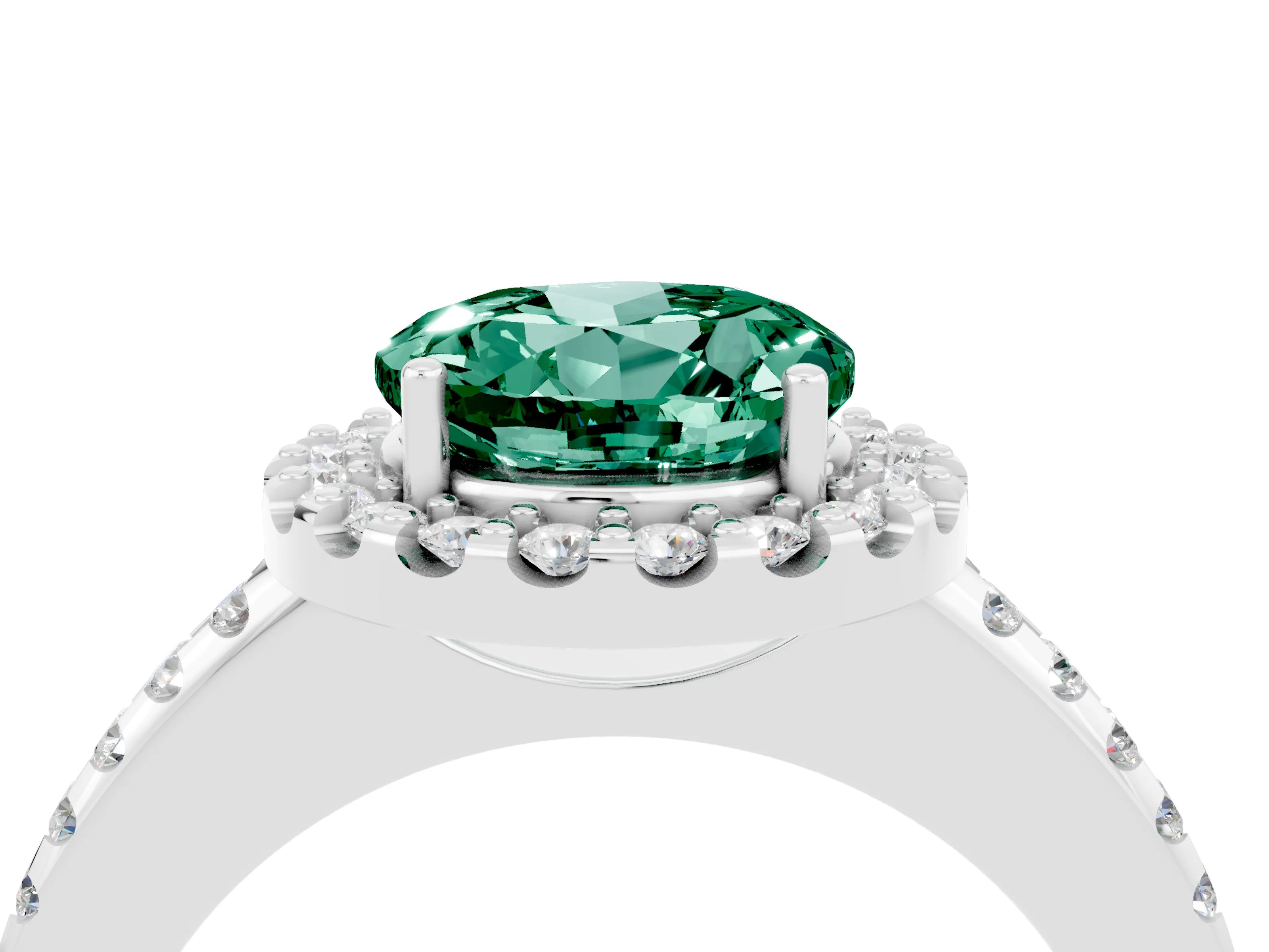 White gold Round Cut Green Sapphire Pavé Halo Ring with Four-Prong Setting_16