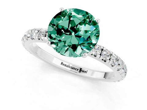 White gold Round Cut Green Sapphire Pavé Solitaire Engagement Ring with Four-Prong Setting_13