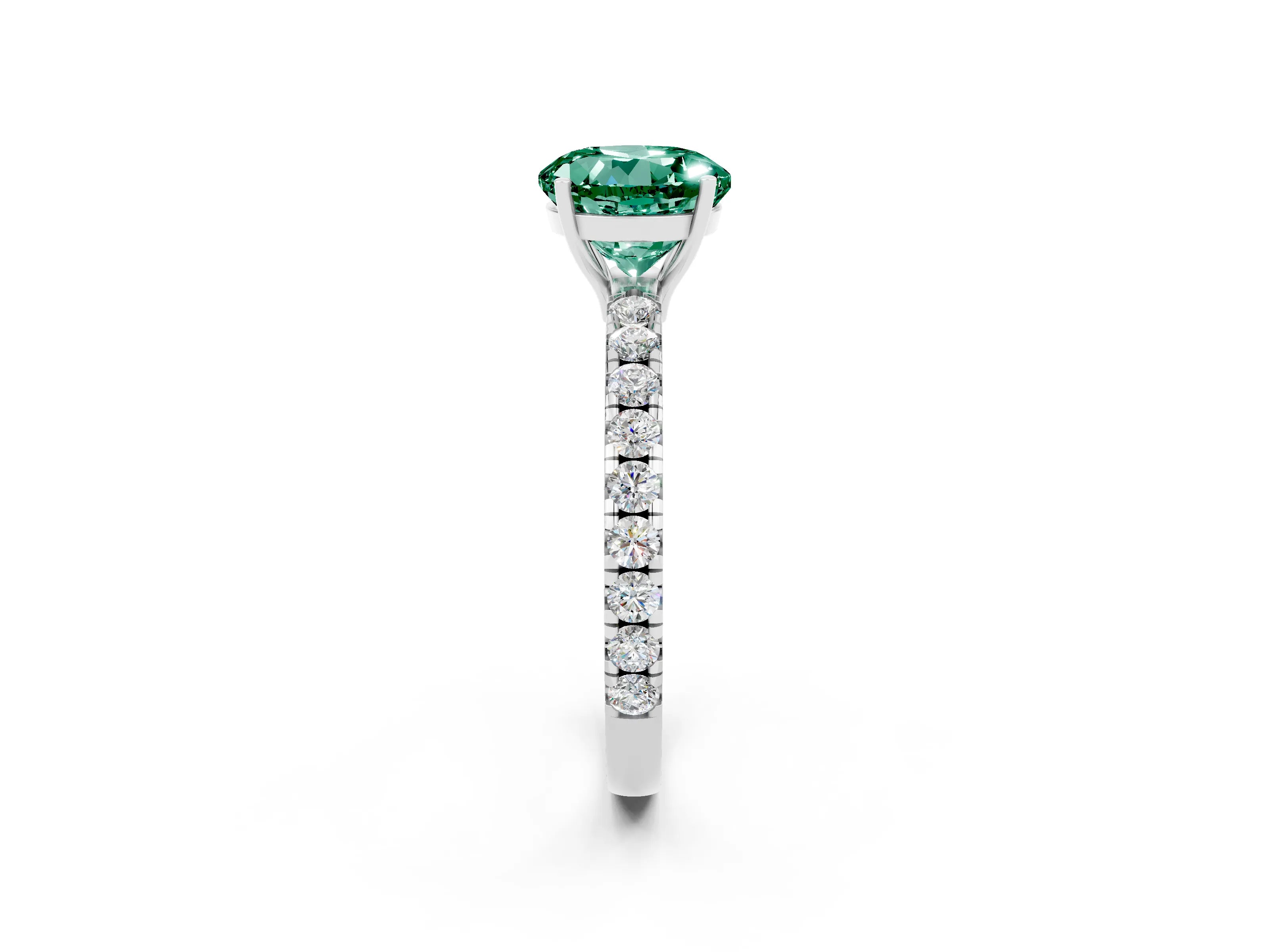 White gold Round Cut Green Sapphire Pavé Solitaire Engagement Ring with Four-Prong Setting_14