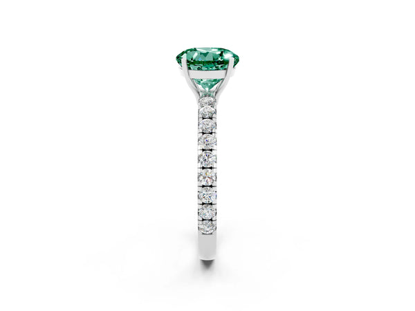 White gold Round Cut Green Sapphire Pavé Solitaire Engagement Ring with Four-Prong Setting
