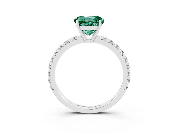 White gold Round Cut Green Sapphire Pavé Solitaire Engagement Ring with Four-Prong Setting
