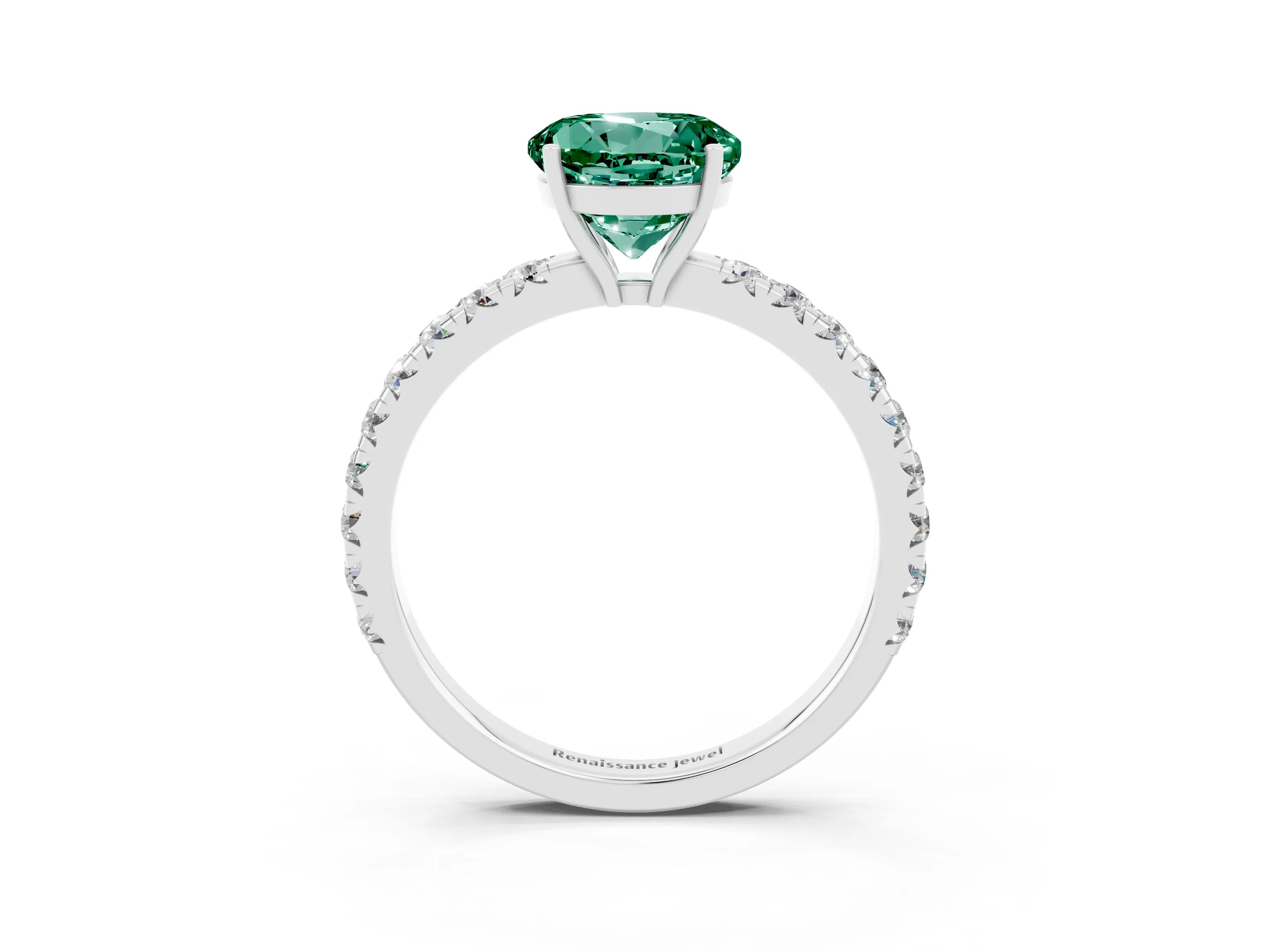 White gold Round Cut Green Sapphire Pavé Solitaire Engagement Ring with Four-Prong Setting_15