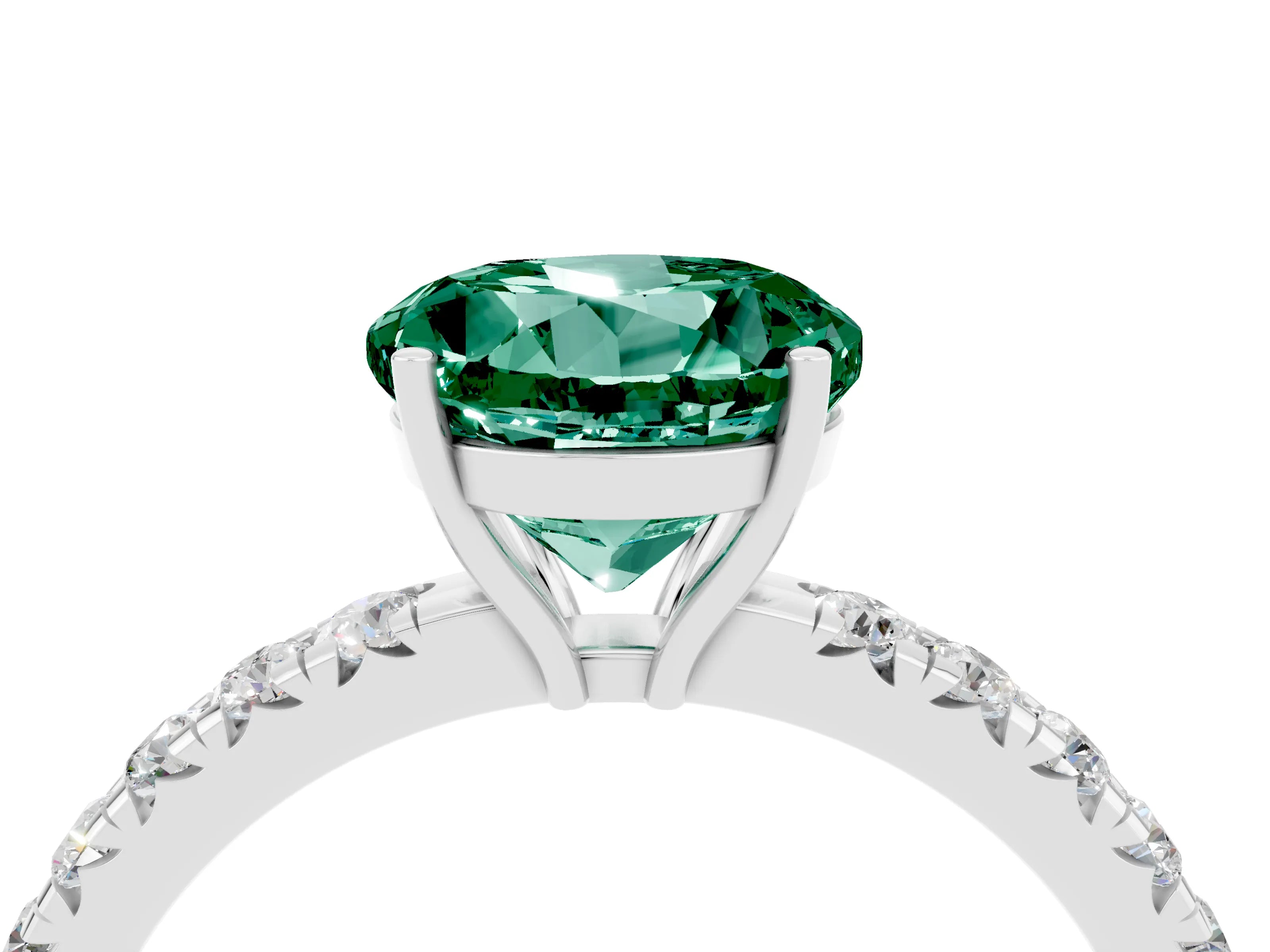 White gold Round Cut Green Sapphire Pavé Solitaire Engagement Ring with Four-Prong Setting_16