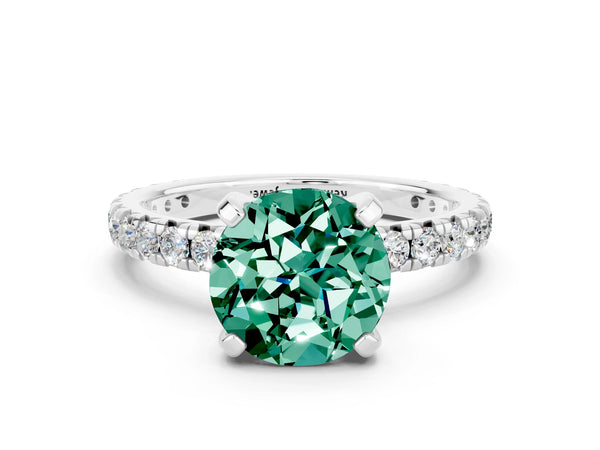 Platinum Round Cut Green Sapphire Pavé Solitaire Ring with Round Band and Prong Setting
