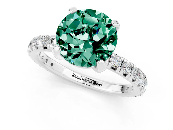 Platinum Round Cut Green Sapphire Pavé Solitaire Ring with Round Band and Prong Setting