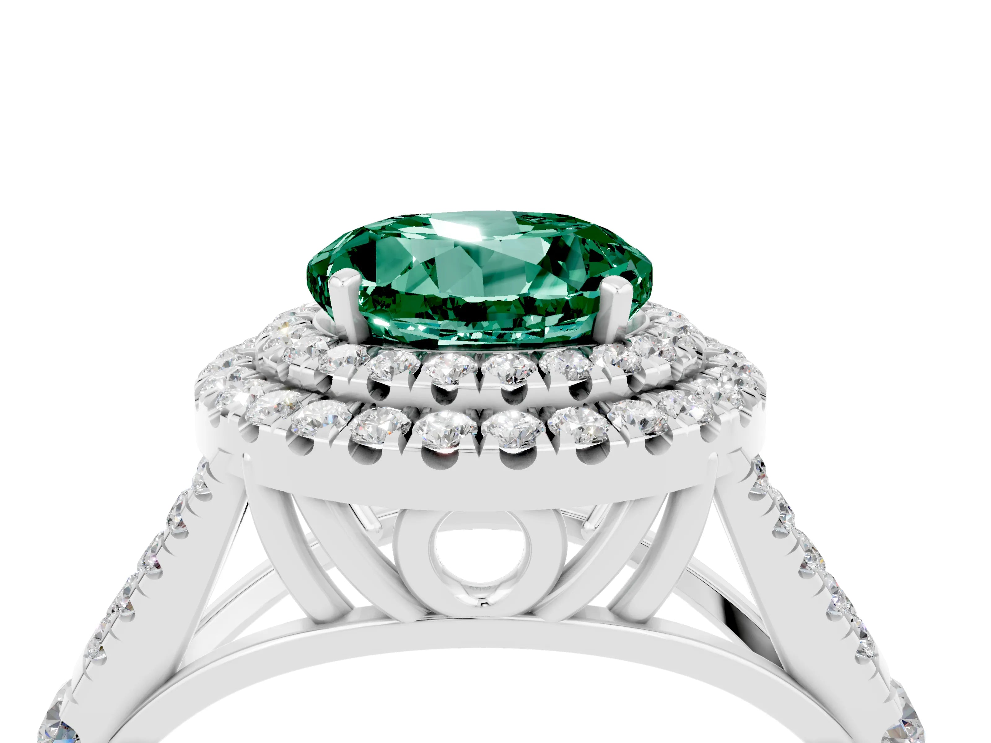 White gold Round Cut Green Sapphire Pavé Split Shank Double Halo Engagement Ring_4
