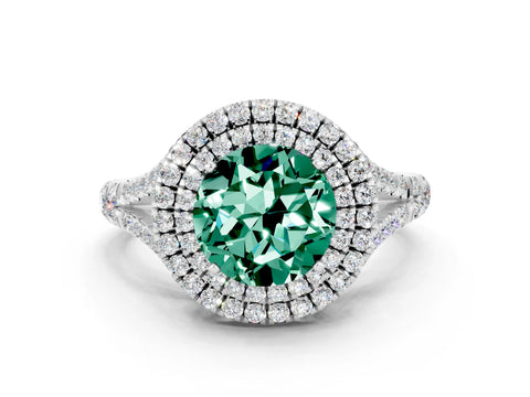 White gold Round Cut Green Sapphire Pavé Split Shank Double Halo Engagement Ring