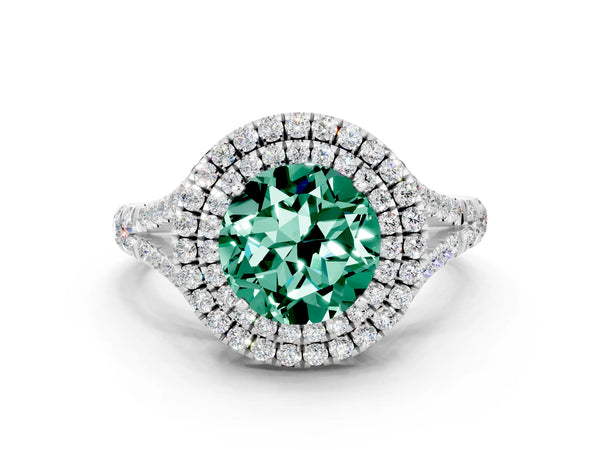 White gold Round Cut Green Sapphire Pavé Split Shank Double Halo Engagement Ring