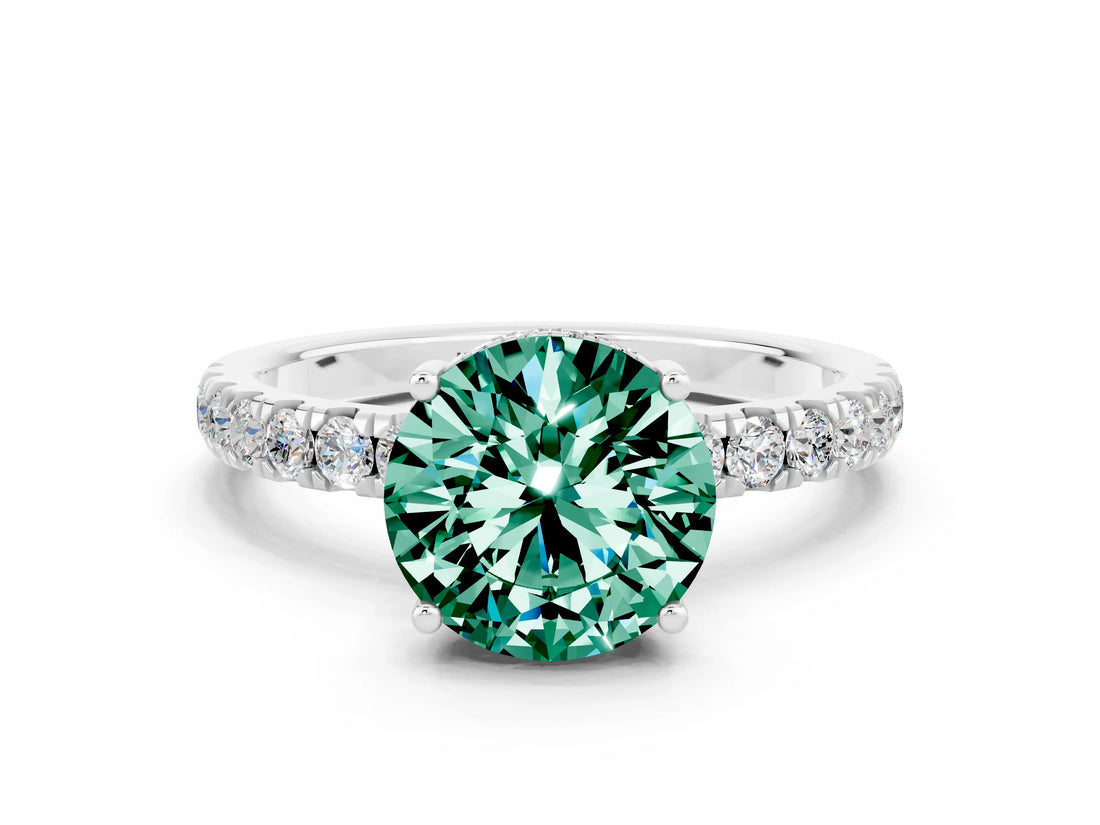 White gold Round Cut Green Sapphire Pave Band Solitaire Ring with Four-Prong Setting_24
