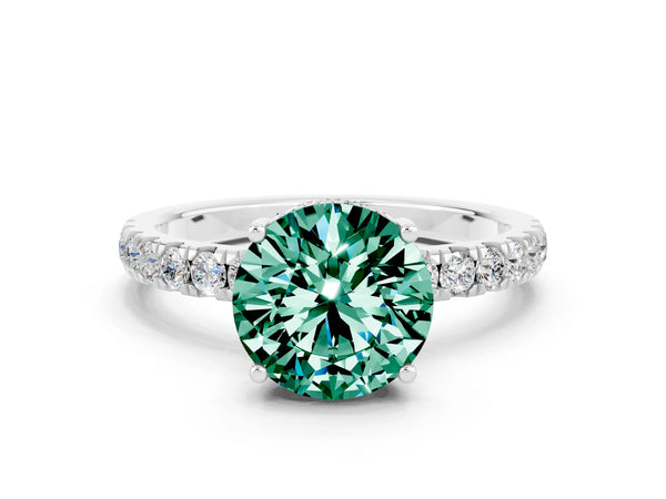 White gold Round Cut Green Sapphire Pave Band Solitaire Ring with Round  and Prong Setting