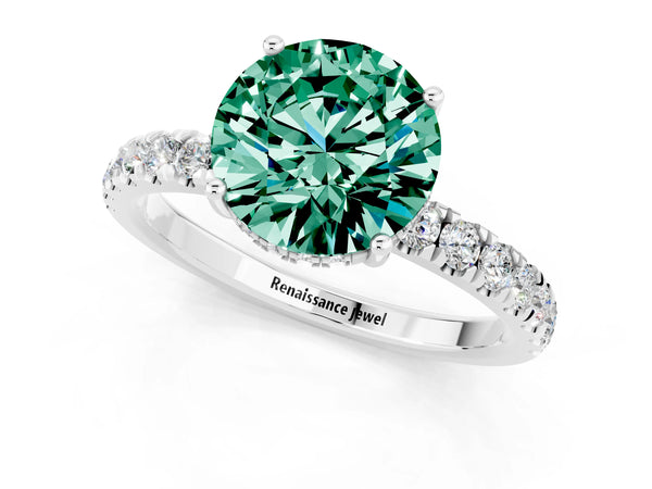 Platinum Round Cut Green Sapphire Pave Band Solitaire Ring with Round  and Prong Setting