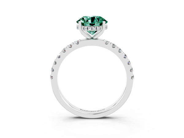 Silver Round Cut Green Sapphire Pave Band Solitaire Ring with Round  and Prong Setting