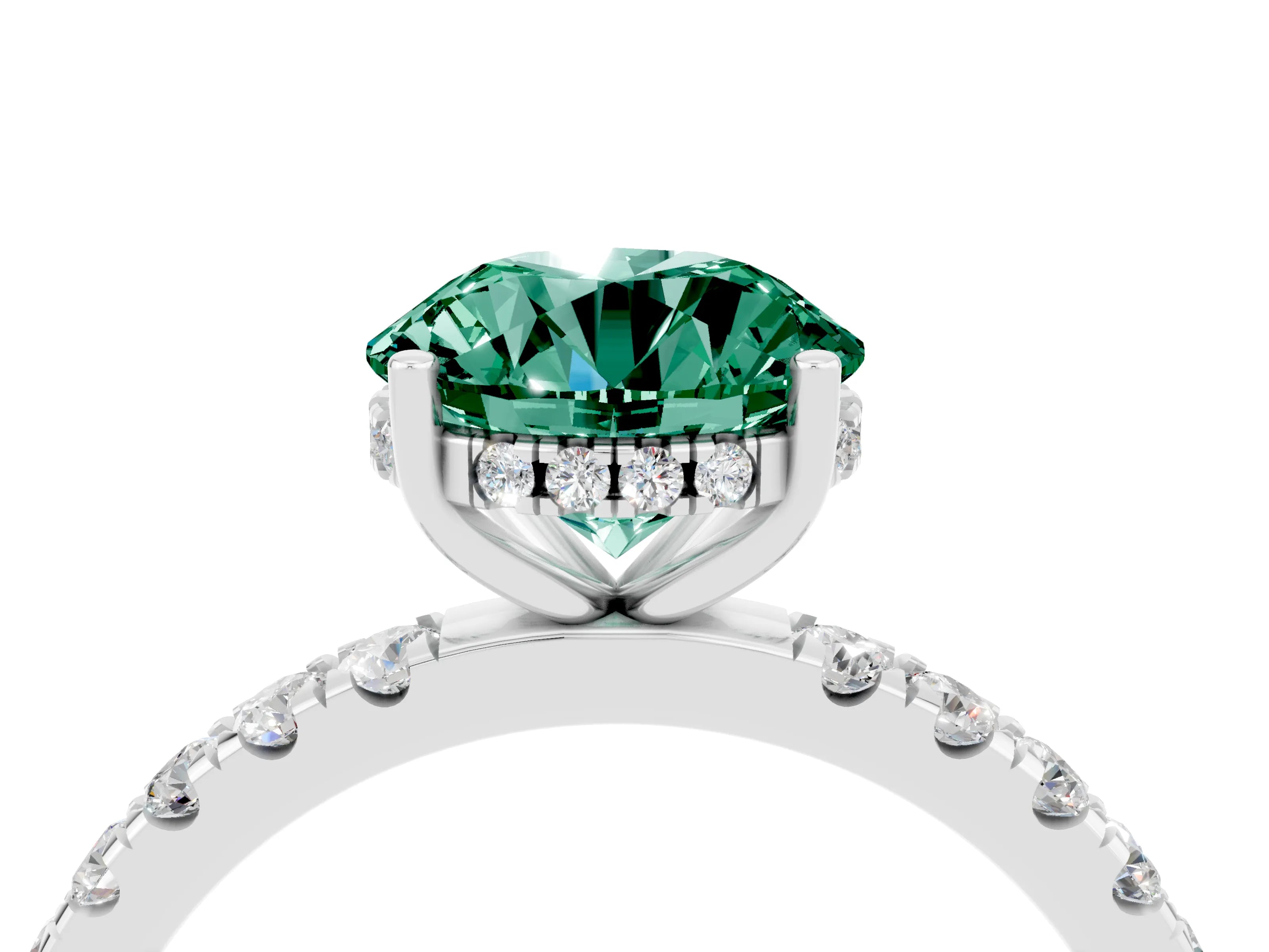 White gold Round Cut Green Sapphire Pave Band Solitaire Ring with Four-Prong Setting_28