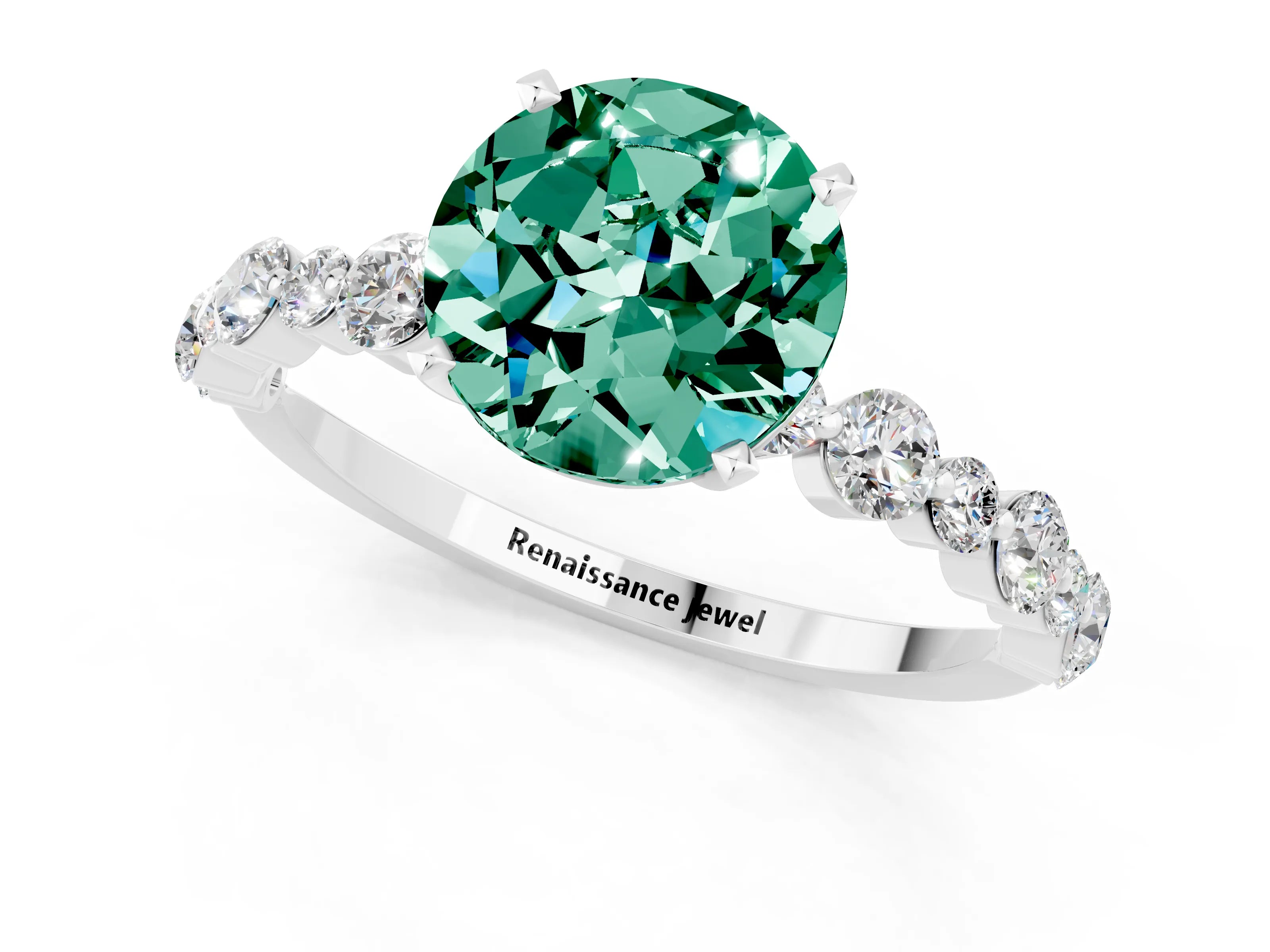 White gold Round Cut Green Sapphire Prong Set Engagement Ring with Pavé Band_1