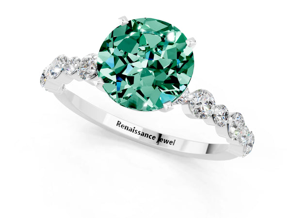 Platinum Round Cut Green Sapphire Prong Set Engagement Ring with Pavé Band