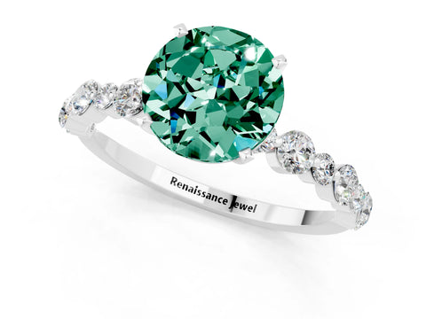 White gold Round Cut Green Sapphire Prong Set Engagement Ring with Pavé Band_1