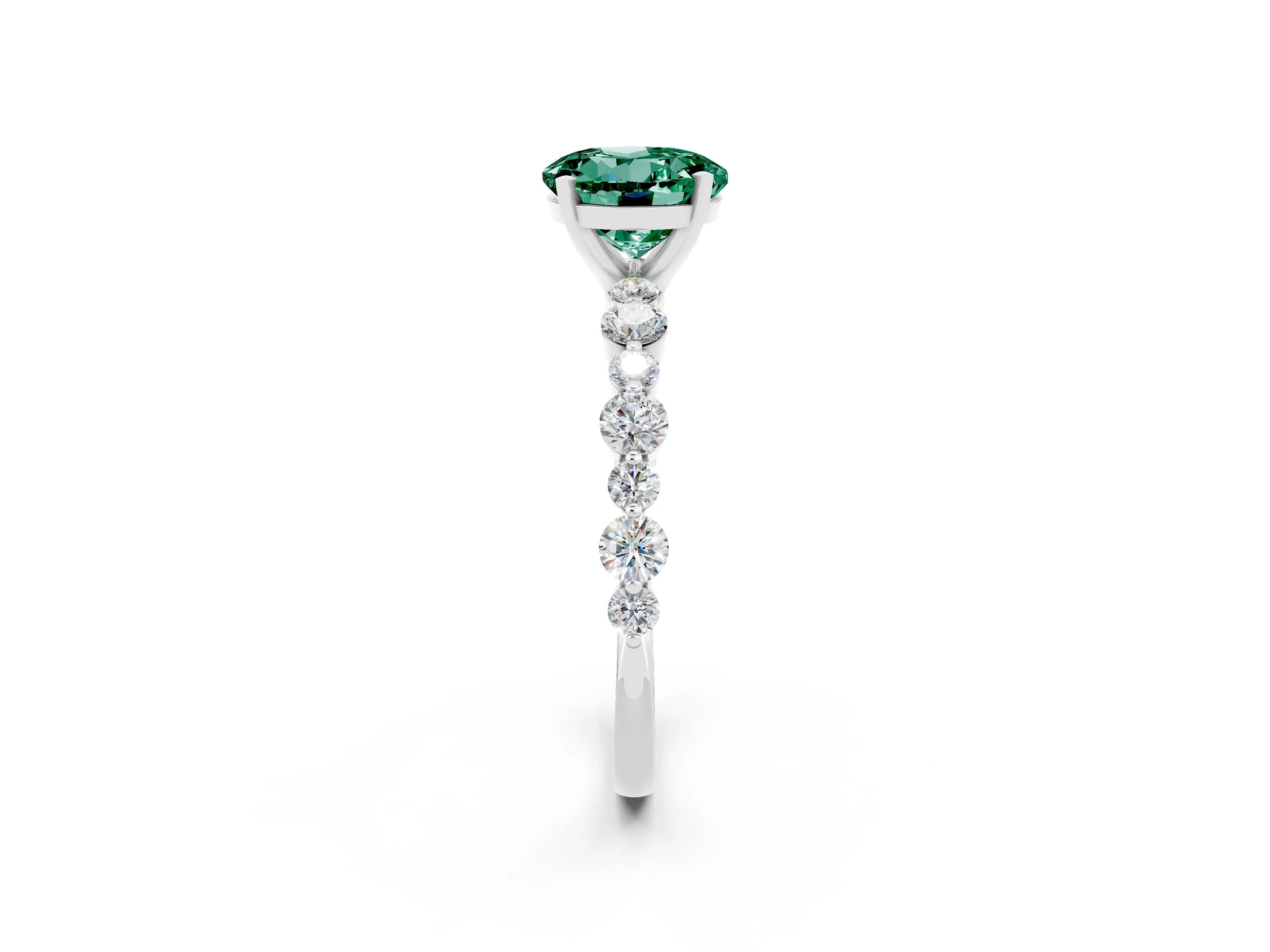 White gold Round Cut Green Sapphire Prong Set Engagement Ring with Pavé Band_2