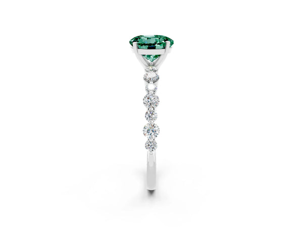 Platinum Round Cut Green Sapphire Prong Set Engagement Ring with Pavé Band
