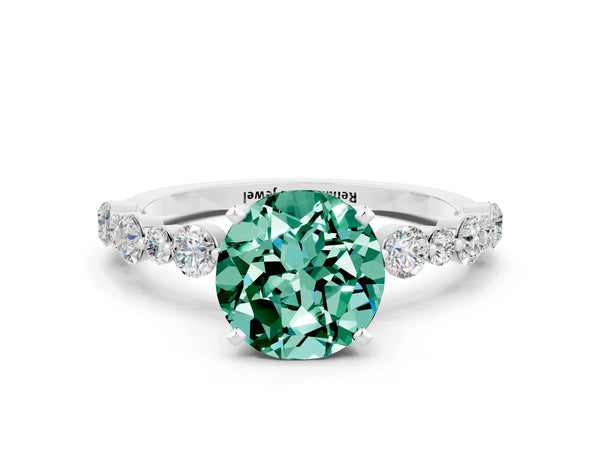 Silver Round Cut Green Sapphire Prong Set Engagement Ring with Pavé Band
