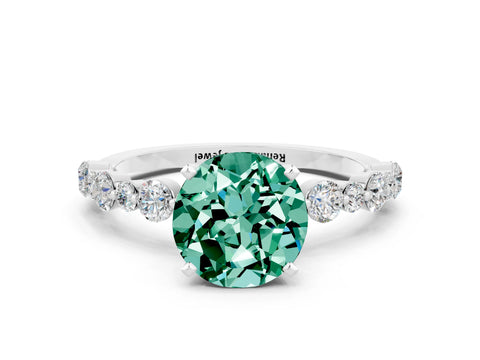 White gold Round Cut Green Sapphire Prong Set Engagement Ring with Pavé Band