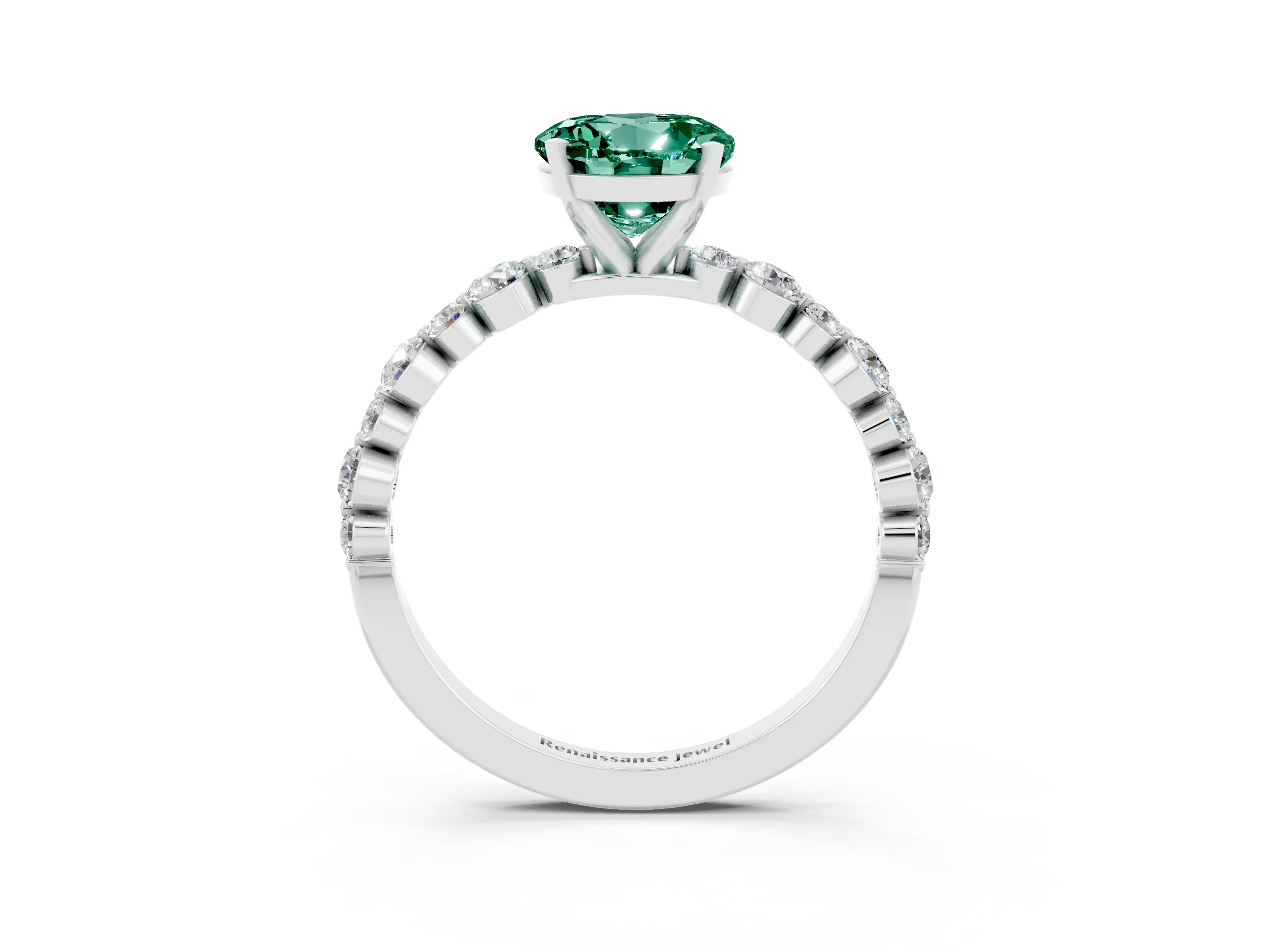 White gold Round Cut Green Sapphire Prong Set Engagement Ring with Pavé Band_3